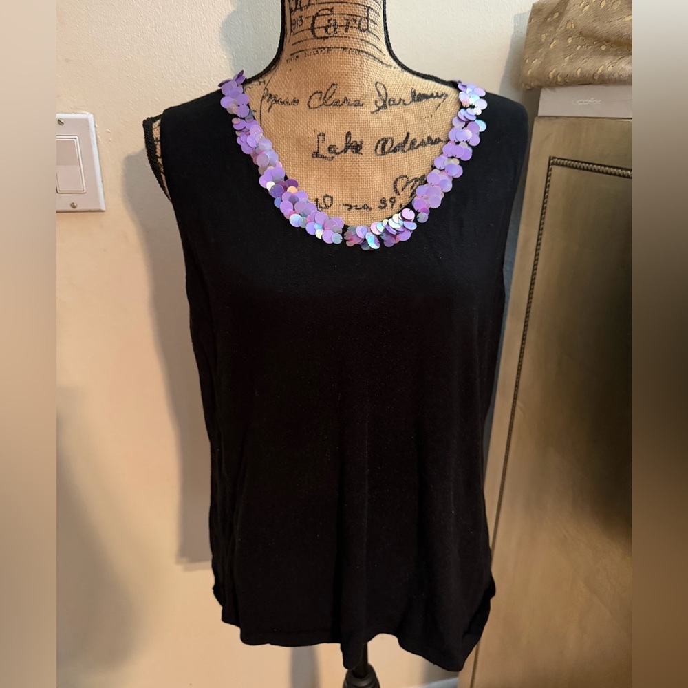 Kasper Black Tank Top with Purple Sequin Neckline